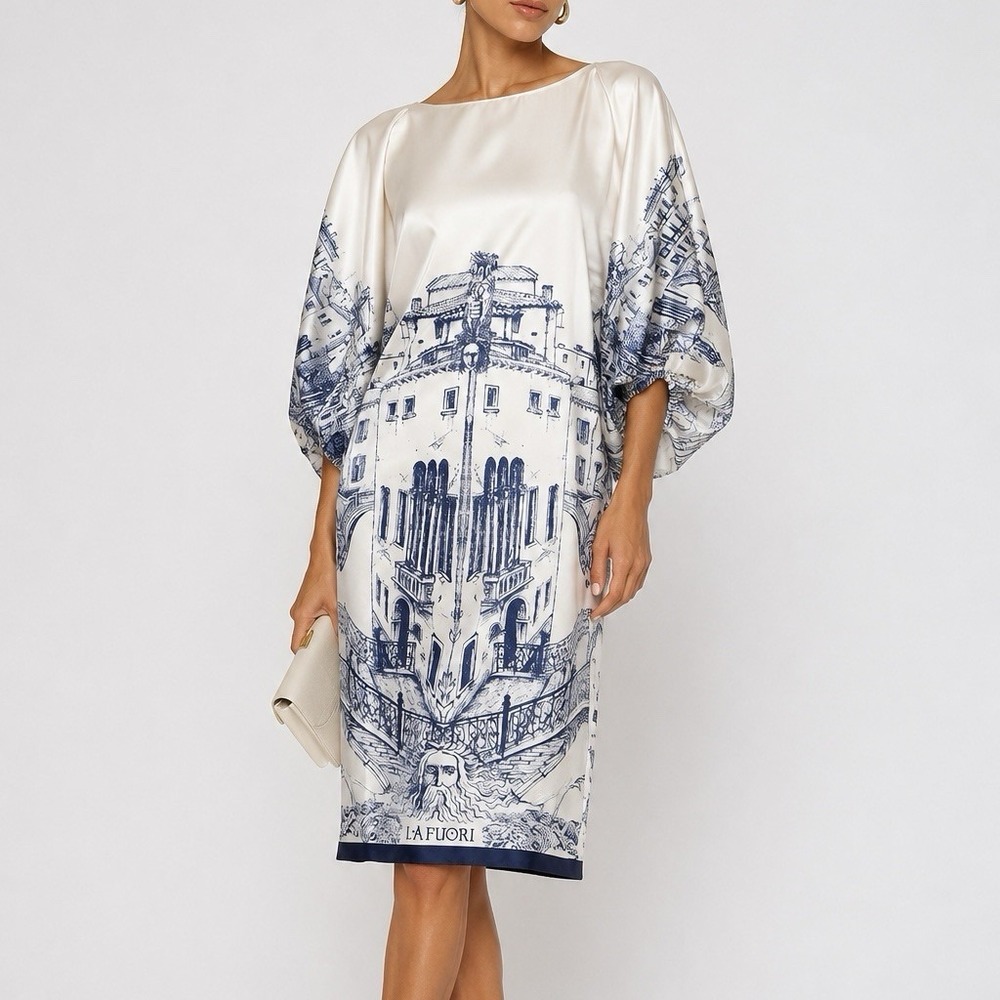 La Fuori Tales Of Venice Silk Balloon Sleeve Shift Dress Blue Cream Sz M